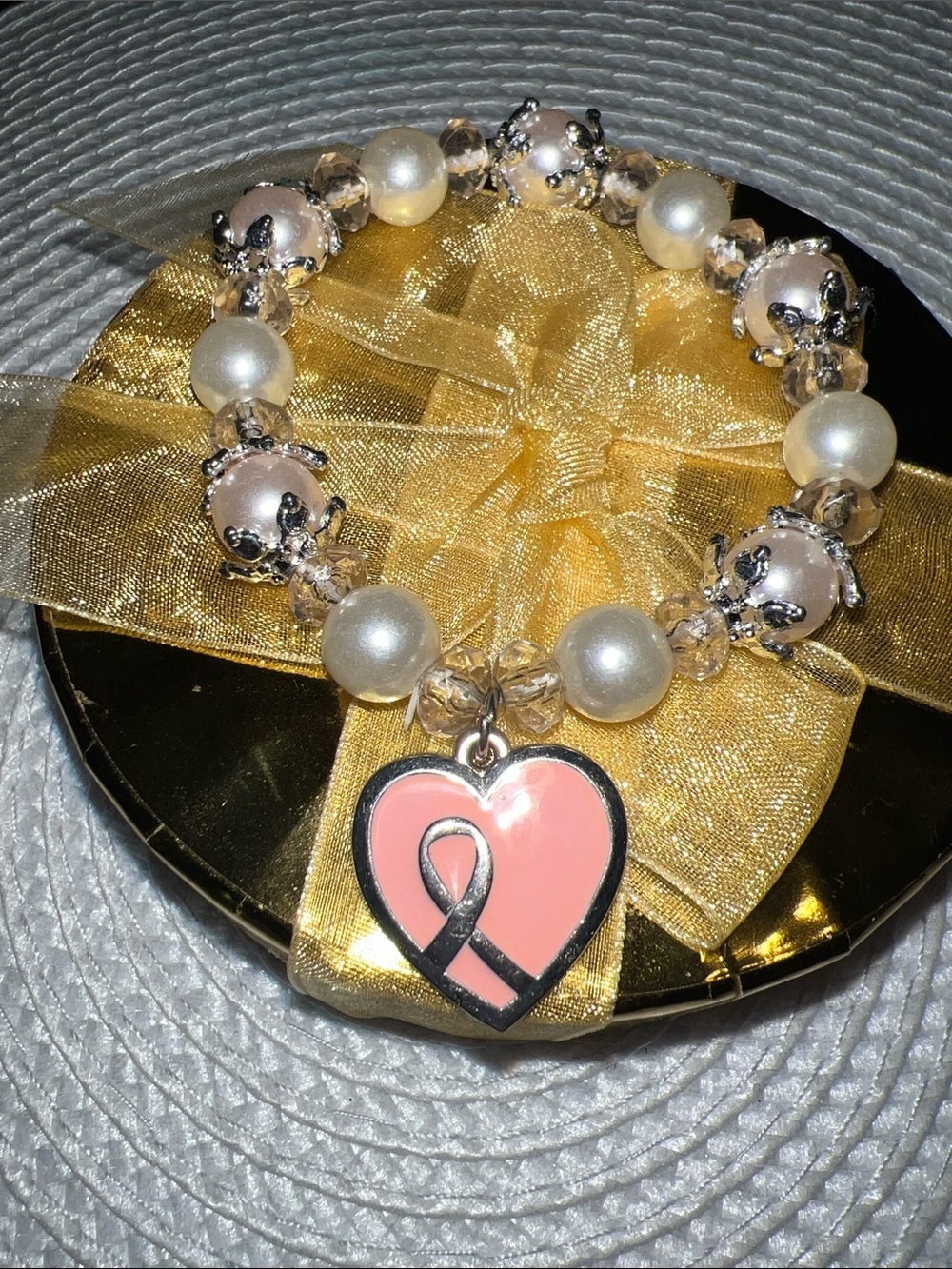 Breast Cancer Awareness Pink Heart Charm Pearl Bracelet